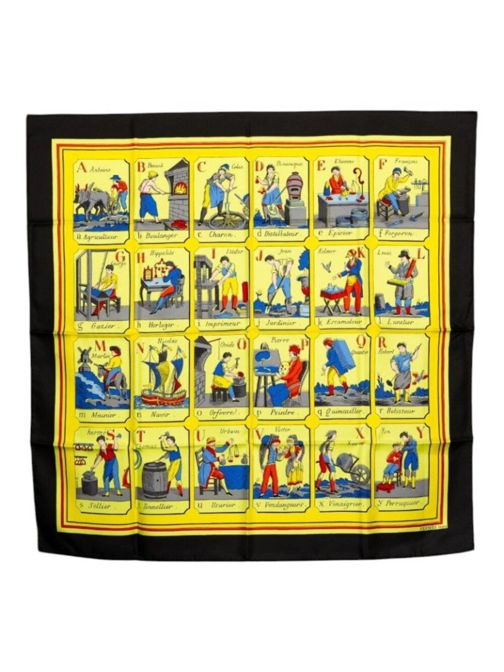 Hermes Carre 90 L'alphabet Des Metiers the Abcs of Work Scarf Yellow Black